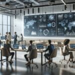 Emprendedores colaborando en un espacio de coworking moderno con pantallas mostrando gráficos y datos tecnológicos.