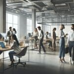 Personas colaborando en una oficina moderna, laptops y pizarras digitales de fondo.