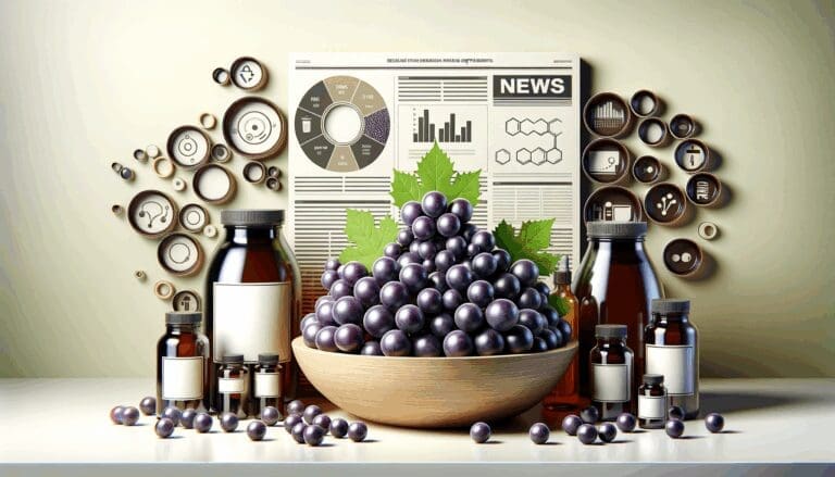 Placas de uva recicladas y frascos de suplementos naturales en una mesa de laboratorio moderna.