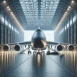 Render minimalista de un avión de carga colosal en hangar industrial iluminado.