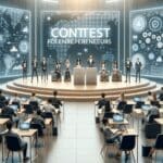 Concurso de jóvenes emprendedores en un auditorio moderno lleno de tecnología.