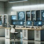 Computadoras y servidores en una oficina moderna con gráficos de inteligencia artificial en pantalla.