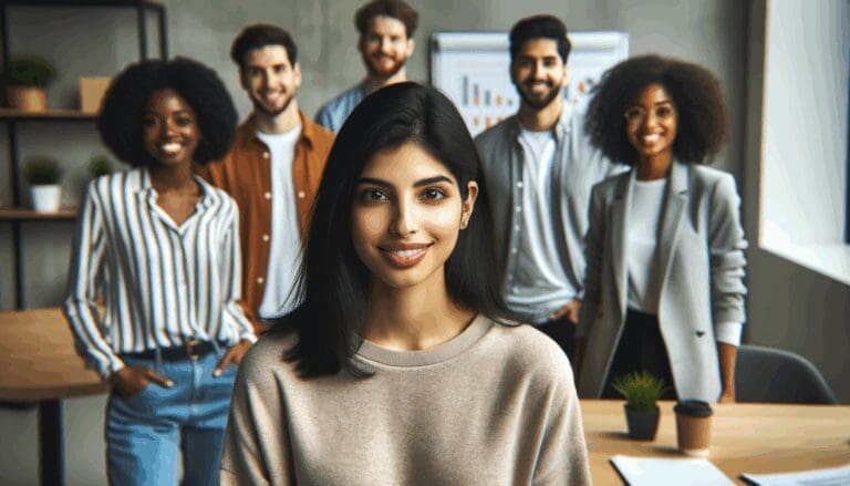 Retrato de una joven fundadora en un espacio de coworking moderno, rodeada de emprendedores.