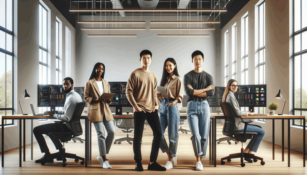 Personas colaborando en un espacio moderno de coworking con pantallas y tecnología avanzada.