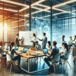 Fotografía luminosa de un equipo joven desarrollando ideas en un espacio de cowork moderno, con pizarras, laptops y un fondo tecnológico.