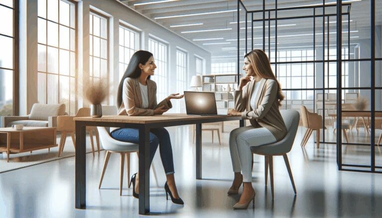 Fotografía de dos mujeres conversando frente a una laptop en una oficina moderna y luminosa, con estilo tecnológico latinoamericano.