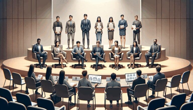 Panel de jueces evaluando startups en un auditorio moderno, con jóvenes emprendedores presentando proyectos.