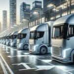 Camiones eléctricos modernos alineados en una zona industrial, con fondo urbano tecnológico y luz natural.