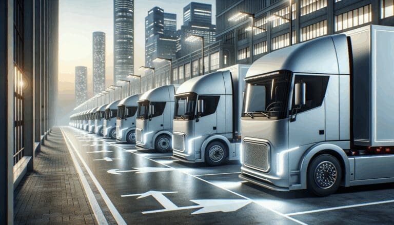 Camiones eléctricos modernos alineados en una zona industrial, con fondo urbano tecnológico y luz natural.