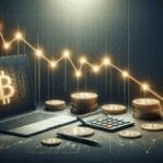 Gráfico conceptual de criptomonedas descendiendo sobre fondo oscuro, calculatora y laptop a un costado.