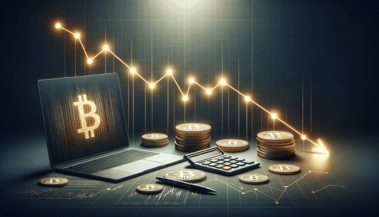 Gráfico conceptual de criptomonedas descendiendo sobre fondo oscuro, calculatora y laptop a un costado.