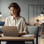 Una madre trabajadora con un portátil en un entorno moderno de oficina.