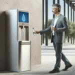 Persona usando un dispensador de agua moderno en un parque urbano con ambiente limpio y tecnológico.