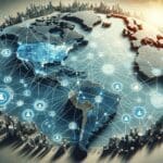 Gráfico conceptual de tecnología blockchain con conexiones digitales sobre mapa de Latinoamérica.