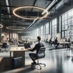 Espacios de coworking modernos con emprendedores colaborando y tecnología visible en un entorno urbano europeo.