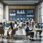 Oficinas modernas de una startup tecnológica con profesionales colaborando y pantallas mostrando gráficos de datos.