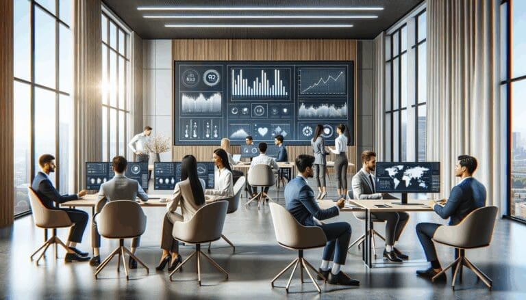 Oficinas modernas de una startup tecnológica con profesionales colaborando y pantallas mostrando gráficos de datos.