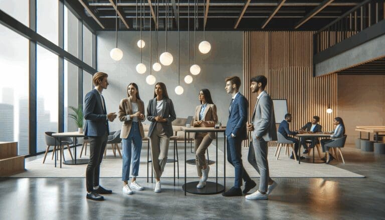 Emprendedores jóvenes dialogando en un moderno espacio de coworking latinoamericano.