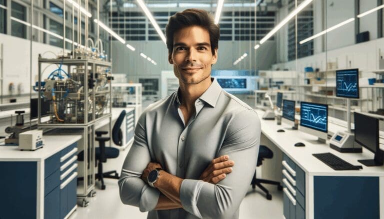 Retrato editorial de un emprendedor latinoamericano en laboratorio tecnológico, ambiente luminoso y moderno.