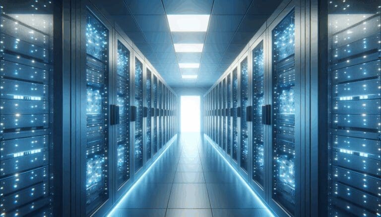 Interior de un moderno centro de datos, con racks de servidores iluminados y ambiente tecnológico.