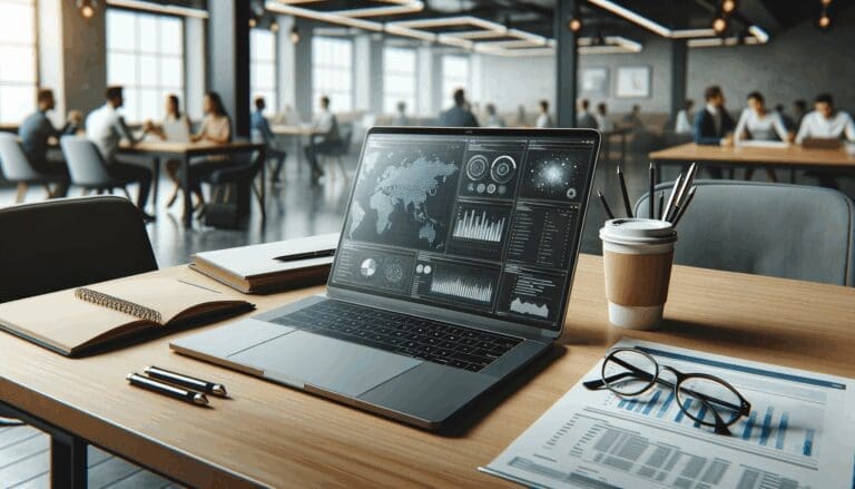 Primer plano de una laptop en un escritorio moderno, rodeada de papeles y taza de café, ambiente de coworking tecnológico.