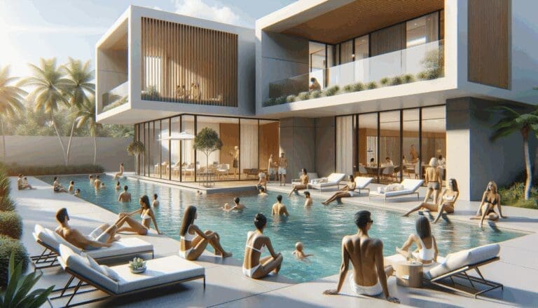 Personas disfrutando de una moderna piscina privada en un entorno residencial soleado.