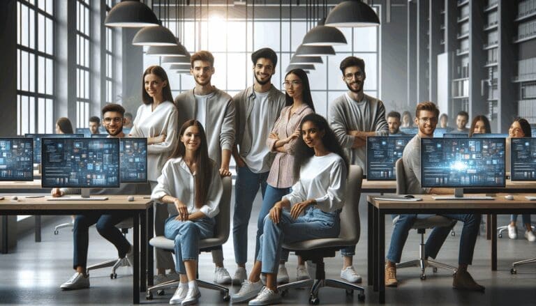 Equipo multicultural de jóvenes desarrolladores trabajando juntos en una oficina moderna, rodeados de ordenadores y pantallas con datos digitales.