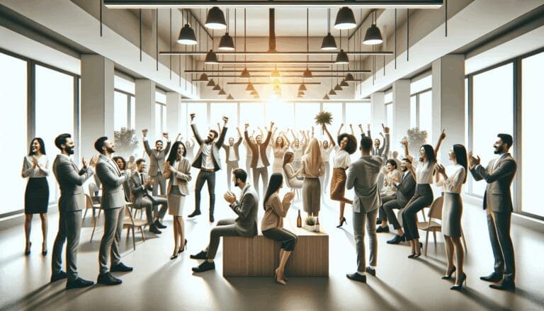 Grupo diverso de emprendedores celebrando en un evento de startups moderno.