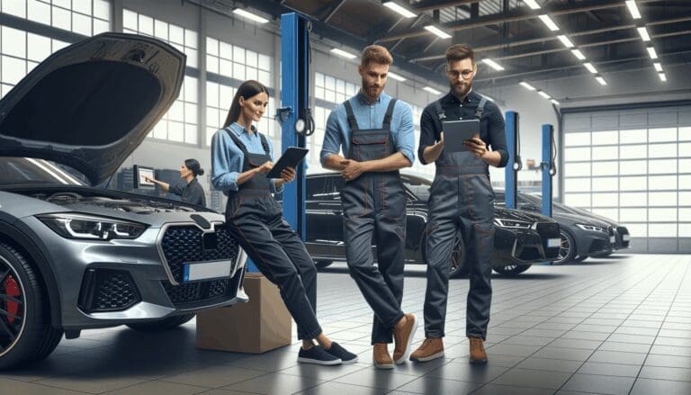 Técnicos automotrices en un taller moderno, usando tabletas y computadoras junto a automóviles.