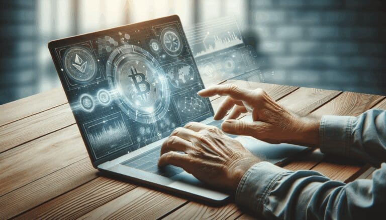 Manos adultas interactuando con una laptop que muestra gráficos digitales y criptomonedas, fondo luminoso y moderno.