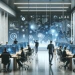 Oficina moderna con desarrolladores trabajando frente a pantallas y gráficos tecnológicos en un ambiente colaborativo.