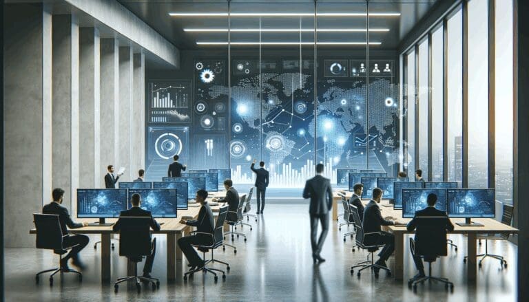 Oficina moderna con desarrolladores trabajando frente a pantallas y gráficos tecnológicos en un ambiente colaborativo.