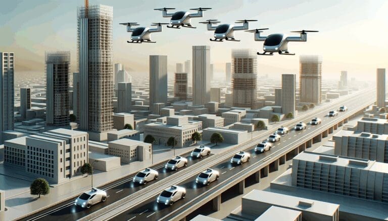 Taxis aéreos sobre una moderna ciudad en desarrollo