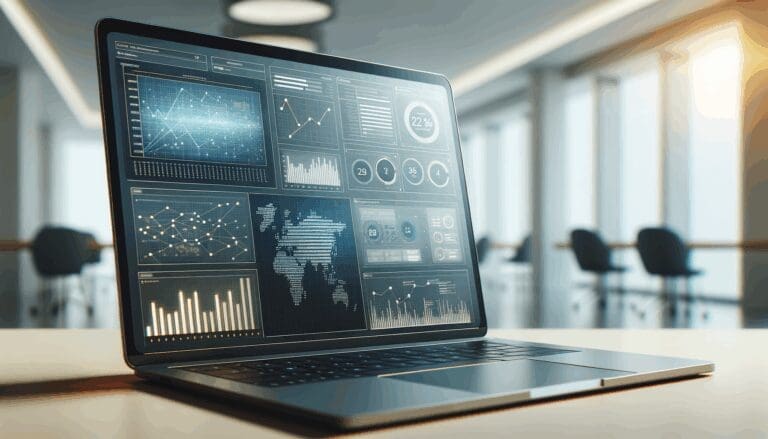 Primer plano de una laptop con gráficos de datos y hojas de cálculo en una moderna oficina tecnológica.