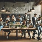 Grupo de emprendedores jóvenes colaborando en un moderno espacio de coworking con laptops, plantas y pizarras.