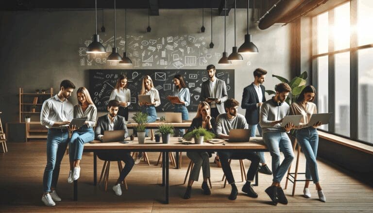 Grupo de emprendedores jóvenes colaborando en un moderno espacio de coworking con laptops, plantas y pizarras.