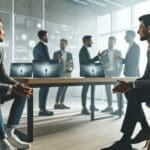 Primer plano de emprendedores conversando en una oficina moderna y minimalista, con laptops y pantallas digitales al fondo.