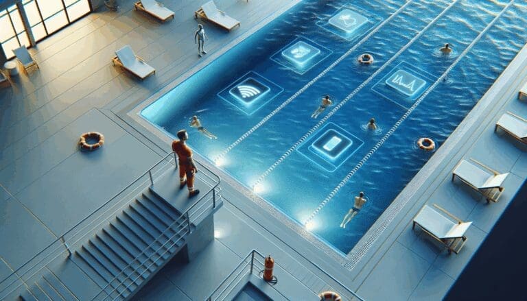 Piscina moderna vista desde arriba, dispositivos tecnológicos discretos en la superficie y socorrista atento al borde.