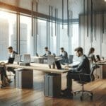 Espacio moderno de coworking en una ciudad, emprendedores trabajando en laptops, ambiente colaborativo y luz natural.