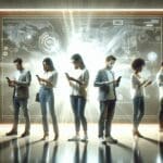 Imagen de un entorno virtual futurista con personas usando dispositivos móviles.