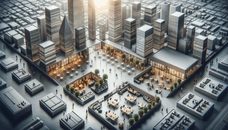 Vista aérea de un ecosistema de startups en un entorno moderno y tecnológico