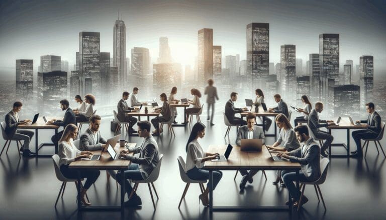 Personas usando laptops y tabletas en un espacio de trabajo colaborativo moderno, con fondo de ciudad.