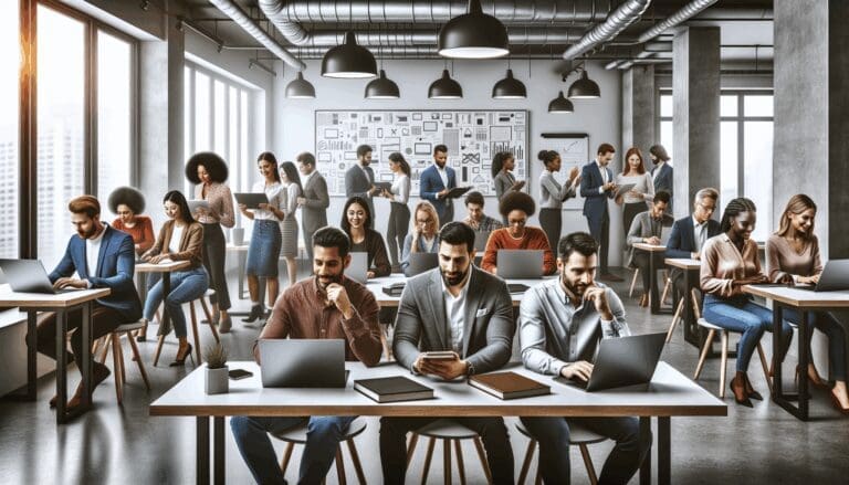 Grupo diverso de emprendedores reunidos en un espacio de coworking moderno, con laptops y pizarras digitales.