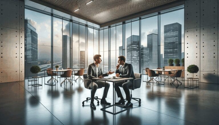 Fotografía de dos emprendedores dialogando en un moderno espacio de coworking con vista panorámica a la ciudad.