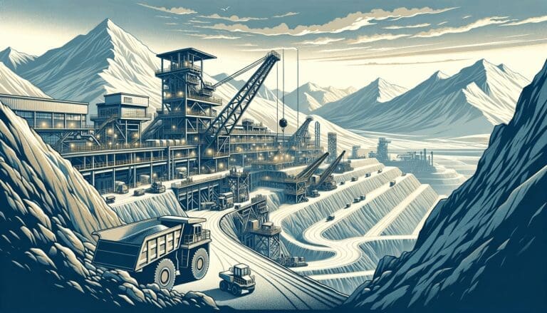 Panorámica de maquinaria industrial operando en una mina rodeada de montañas andinas bajo cielo despejado.