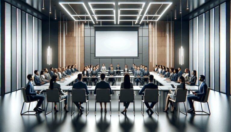 Salón de conferencias moderno repleto de jóvenes emprendedores atentos.