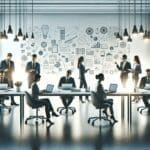 Emprendedores colaborando en una oficina moderna con pizarras y laptops, ambiente de innovación y tecnología.