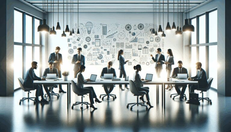 Emprendedores colaborando en una oficina moderna con pizarras y laptops, ambiente de innovación y tecnología.