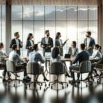 Equipo diversificado discutiendo proyectos tecnológicos en una oficina moderna con vista al mar.