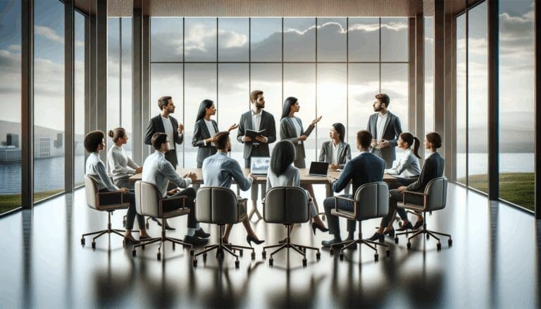 Equipo diversificado discutiendo proyectos tecnológicos en una oficina moderna con vista al mar.